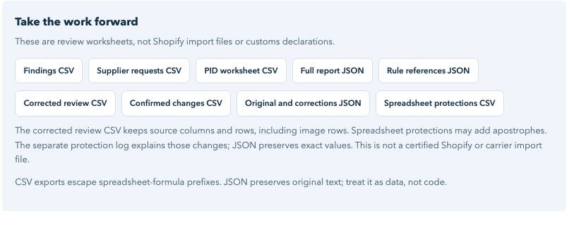 Export buttons: findings CSV, supplier requests CSV, PID worksheet, corrected review CSV, change logs