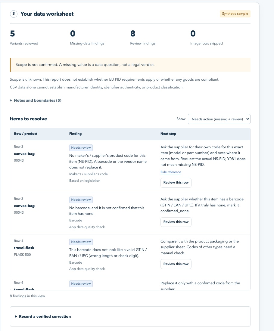 TITANTH Catalog Check worksheet: each product row with its finding and next step